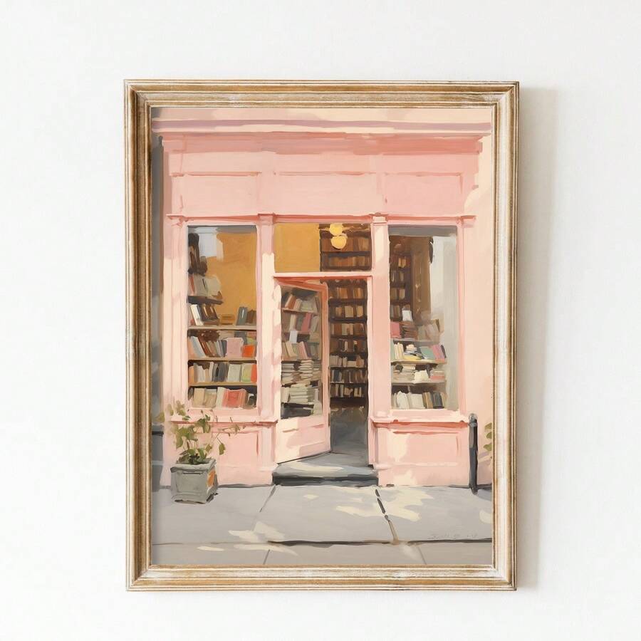 Tranh phong cách màu nước, tông màu nhẹ nhàng, chủ đề thư viện | Hiệu sách cổ điển, New York, thích hợp trang trí nhà cửa, phòng ngủ, phòng khách, phòng tắm, có khung. - A - Xem 1