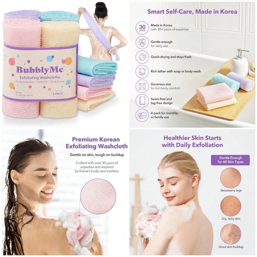 Paños exfoliantes coreanos [4 unidades] – Toallas de limpieza corporal diarias para uso diario, para ducha, espalda y cuerpo com - como en la foto - Ver 1