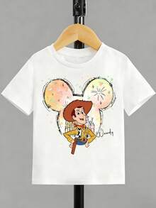 Disney-Toy Story Woody Sheriff Mickey Ear Printed T-Shirt White Loose Short Sleeve Disney Fun Top - 白色 - 查看 4