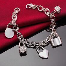 925 Sterling Silver Plated Bracelet Heart / Circle / Square Lock Bracelets Bangles Woman Man Fashion Charm Wedding Jewelry - Silver - View 3