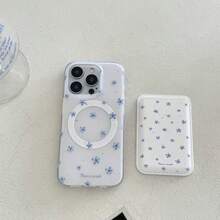 Ốp lưng điện thoại thời trang mới, hai lớp in họa tiết hoa tối giản màu xanh dương IMD, phù hợp với 16 Pro Max, lỗ lớn chống rơi, thiết kế cá nhân hóa dành cho nữ, ốp lưng cứng cáp, viền mềm mại, có khe đựng thẻ từ tính, bóng bẩy. - Màu xanh nhạt - Xem 1