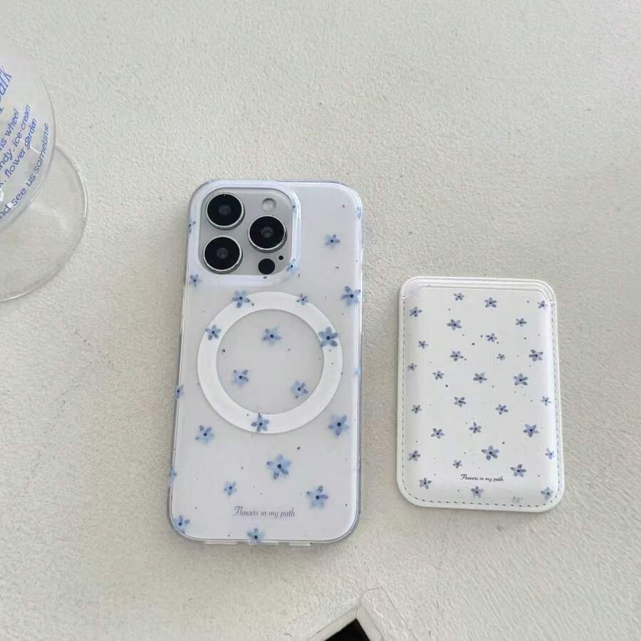 Ốp lưng điện thoại thời trang mới, hai lớp in họa tiết hoa tối giản màu xanh dương IMD, phù hợp với 16 Pro Max, lỗ lớn chống rơi, thiết kế cá nhân hóa dành cho nữ, ốp lưng cứng cáp, viền mềm mại, có khe đựng thẻ từ tính, bóng bẩy. - Màu xanh nhạt - Xem 1