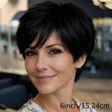 Short Straight Wigs Human Hair With Bangs | Natural Color, 150% Density, Non Lace, Rose Net Cap, 100% Real Human Hair For Daily Wear & Party Use - Natural Black - View 6