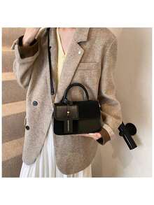 Women's Square Handbag With Dual-Color Plaid Patchwork Design, Fashionable, Elegant, Minimalist, Crossbody, Black - 黑色 - 查看 6