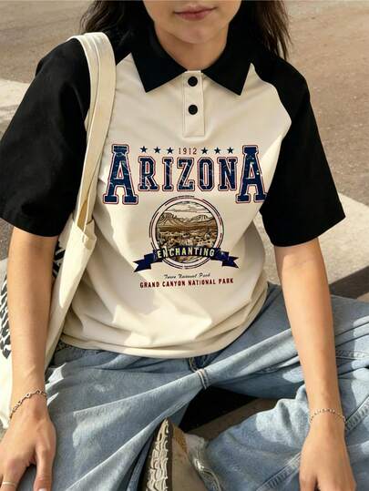 Tween Girls' Casual Daily Commute Fashion Street School Style Letter & Star Print Contrast Color Polo Neck Loose T-Shirt, Summer