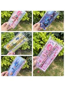 5pcs/Set, Mesh Stationery Bag With Pencil, Ruler, Notebook, Pencil Sharpener, Eraser, Mesh Zipper Stationery Gift Bag, Pencil Case Set, Halloween/Christmas Gift - Multicolor - View 5