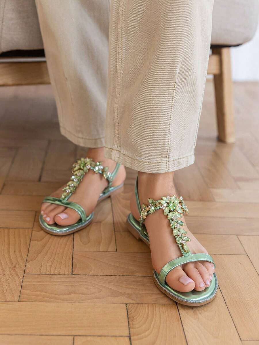 Women's Casual Fashionable Sandals Decorated With Colorful Gemstones, Suitable For Daily Wear - Green - View 1