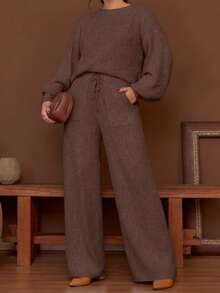 Women's Long-Sleeved Mousse Knit Set, Women's Winter Clothing, Tailored Pants - 鏽棕色 - 查看 2