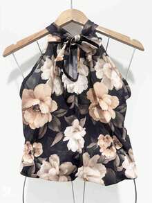 Stylish Women's Floral High Neck Blouse - Marrón Mocha - Ver 3