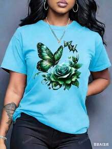 Women'S Casual Crew Neck T-Shirt With Purple Rose And Butterfly Graphic Print,Ideal Birthday Or Holiday Gift, White And Navy The-Shoulder Cropped Top - 藍色 - 查看 1