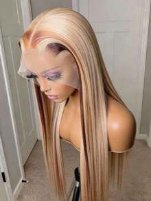 Highlight Blonde Natural Straight Glueless Wigs For Women Daily Use 13X4 HD Transparent Ombre Colored Lace Frontal Wig Human Hair Pre Plucked With Baby Hair 180 Density Bone Straight Lace Front Wigs Human Hair Natural Looking - 挑染金髮 - 查看 3