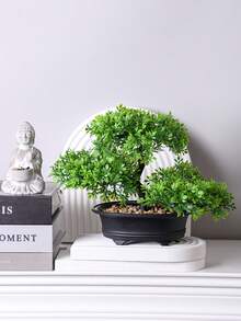 1pc Artificial Potted Plant Tree, Light Green Leaves With Black Planter, Approx. 20cm Tall, Artificial Green Plant, Suitable For Home And Office Decor | Ideal For Bookshelf, Desk, Bathroom | Rustic Style, Holiday Decor, Valentine's Day, Spring/Summer Decoration, Home Accessory - Green -b - View 1