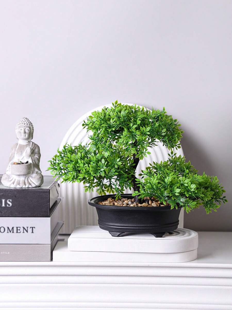 1pc Artificial Potted Plant Tree, Light Green Leaves With Black Planter, Approx. 20cm Tall, Artificial Green Plant, Suitable For Home And Office Decor | Ideal For Bookshelf, Desk, Bathroom | Rustic Style, Holiday Decor, Valentine's Day, Spring/Summer Decoration, Home Accessory - Green -b - View 1