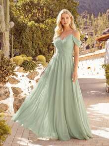 EVERPRETTY Elegant Solid Color V-Neck Ruched Pleated Applique Sage Green Bridesmaid Dress, Suitable For Weddings, Birthdays, Formal Events, Parties And More - Mint Green - View 3