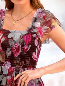 Women's Summer Mid-Length Dress Casual Sleeveless Pleats Ruffled Tulle Flowing New Year Party Wedding Guest Sundress - Nền màu nâu với họa tiết hoa màu hồng. - Xem 4