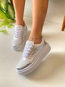 Women's Casual Flatform Sneakers - Comfortable For Everyday Use, Gym, And Casual Wear - Bạc - Xem 2
