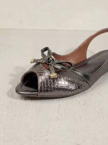 Women's Open Flat Sandal, Delicate, Comfortable, Lizard, Old Silver - 灰色 - 查看 4