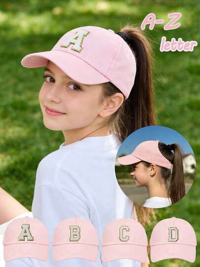 1pc Children Casual And Fashionable Solid Color Letter Baseball Cap With Ponytail Hole, Sun Ion And Suitable For Outdoor And Daily Use