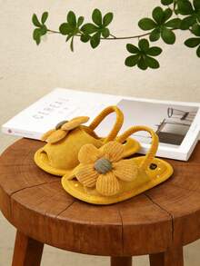 新生儿女童夏季凉鞋，花朵蝴蝶结软底婚纱平底鞋，婴儿学步鞋 - 黃色 - 查看 5