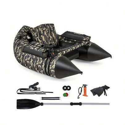 GOFLAME Inflatable Fishing Float Tube With Pump - Heavy-Duty 113.4KG Capacity, W/Adjustable Backrest, Flippers, Rod Holder, Storage Pockets, Portable Belly Boat - For Lake, River, Pond - Ideal For Adults & Fishing Trips, Inflatable Fishing Boat