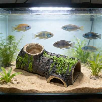 PVC材质水族箱沉木藏身处 - 多孔苔藓覆盖虾棚，鱼缸装饰，适用于慈鲷、小型鱼类、斗鱼、虾、螺，是淡水水族箱和水族造景的理想之选。