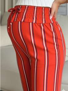 Pantalón de maternidad mama embarazo estampado rayas cintura alta pretina ancha elástica ajustable pierna amplia ligera suave fresca cómodo adaptable paseo descanso diario - Naranja Quemada - Ver 4
