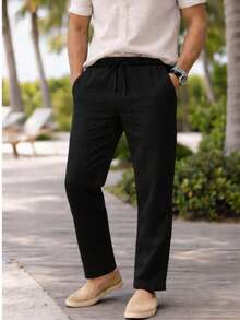 Men's Linen Trousers With Adjustable Waist And Drawstring, Casual And Stylish. - Black - View 2