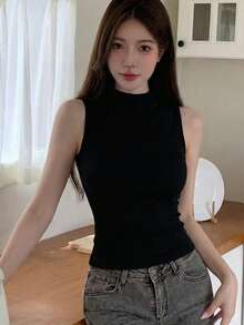 Áo tank top dệt kim ngắn tay dáng suông, ôm dáng, màu đen, dành cho nữ, kiểu dáng thường ngày, màu hè 2026 của Y6Y. - màu đen - Xem 4