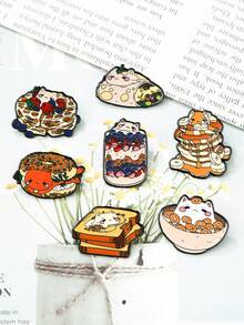 7pcs Cartoon Food & Cat Brooches, Creative Cute Food Bread Sandwich Hamburger Animal Cat Shape Metal Badge Clothing Bag Scarf Accessories - Multicolor - View 7