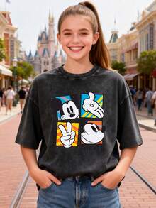 This Disney Women's T-Shirt Features A Creative Mickey Mouse Letter And Cartoon Print. It's A Spring/Summer Style Round Neck Retro Washed Cotton T-Shirt, Made Of Soft And Comfortable Pure Cotton Fabric, Suitable For Everyday Wear, Shopping, Travel, And Casual Occasions. It Also Makes A Wonderful Gift. - màu đen - Xem 1