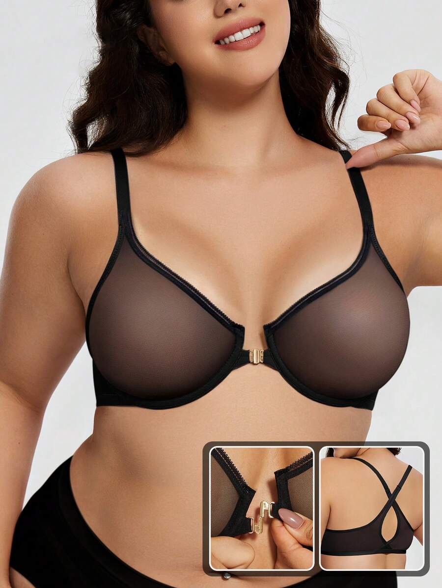 WINGSLOVE Plus Size Sheer Unpadded Deep V Bra, Metal Front Closure, Lightweight & Breathable, Criss-Cross Back Design, Bust Enhancing - Black - View 1