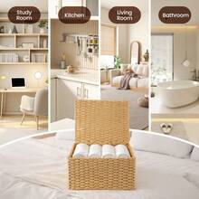 Natural Paper Rope Storage Baskets Set With Lids Woven Hamper & Organiser Box For Home Office Shelves Rustic Decorative Storage Baskets Portable Storage Baskets With Handles - Wood Color - View 4