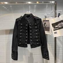 Chaqueta corta de mezclilla lavada con diseño de hebilla de costillas de metal clásico - Negro - Ver 3