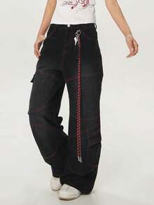 1 pieza Jeans anchos y sueltos de estilo retro, pantalones cargo de múltiples bolsillos, jeans de mezclilla negros de pierna ancha versátil (cinturón y accesorios no incluidos) - Negro - Ver 4