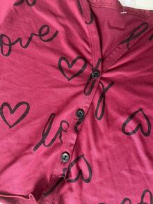 Women's Pajama Set Sleepwear Blouse And Cropped Top With Heart Print, Button-Down Cropped Top, Elastic Waist Pants, Warm Suede, Everyday Wear, Sizes P, M, G, GG, Night Comfort Line - 酒紅色 - 查看 9