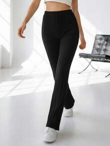 Textured Ribbed Flare Pants With Drawstring - Minimalist Summer Streetwear - Black - View 6