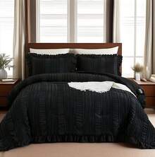 Beige Textured Comforter Set King,3 Pieces Ruffle Farmhouse Shabby Chic Comforter For Queen Bed,Soft Seersucker Boho Bedding Set With 1 Ruffle Comforter,2 Tufted Pillowcases 104"*90" For All Seaaons Home Decor Bedroom Decor Bed Comforter Set Mothers Day Gift. - Beige-0958 - 查看 3