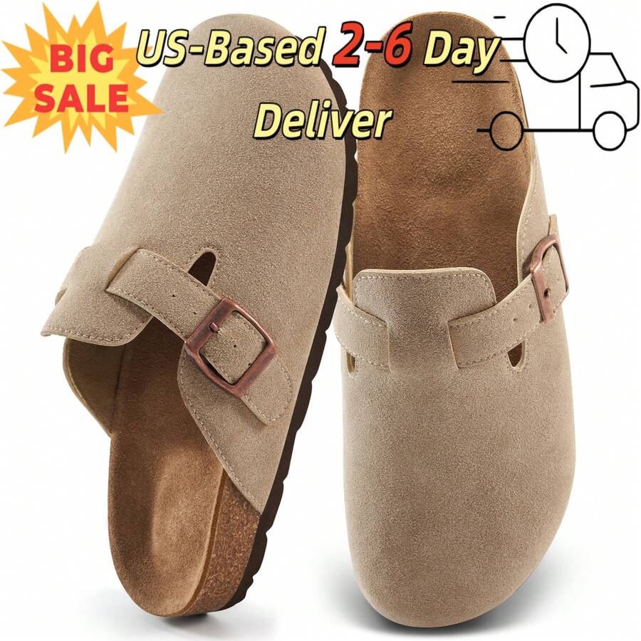 Ecetana Women's Leather Mules: Adjustable Hook-And-Loop Closed-Toe Clogs. Ultra Lightweight & Comfortable Slip-Ons For Daily Wear, Commuting & Parties. Versatile, Non-Slip & Durable Design. A Must-Have All-Season Fashion Footwear.Women's Apricot All Season Muller Shoes.Women's Suede Clogs With Buckle Closure And Rubber Sole,Apricot Leather Mules Cork Footbed Sandals Potato Shoes. - Màu be - Xem 1