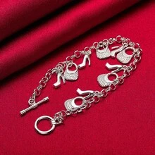 925 Sterling Silver Plated High Heels Bag Pendant Bracelets Chain For Women Charm Wedding Engagement Jewelry - Silver - View 1