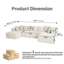 Boneless Couch,Modular U-Shaped Corduroy Sectional Sofa,130-Inch 4-Seater Chaise Lounge With Reversible Design, No Assembly Modular Cloud Couch, 72-Hour Fluff Recovery, Striped Corduroy Fabric In Beige/White – Sectional Living Room Or Bedroom Couch, Freely Configurable Layout. - Màu be - Xem 8