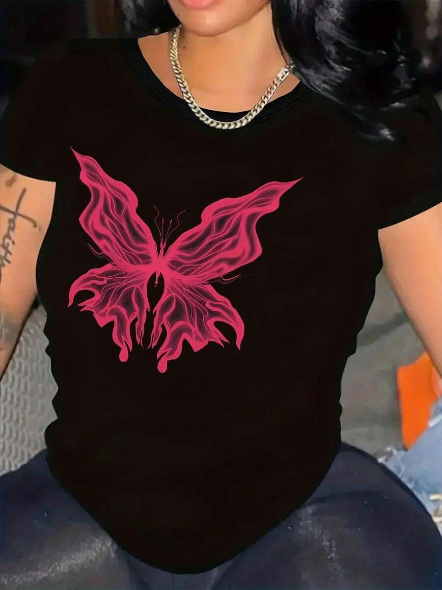 Talla - Camiseta Oversize para Mujer - Top Casual Suave para Uso Diario con Gráfico de Mariposa Rosa Intenso, Camiseta de Cuello Redondo de Corte Holgado para Mujer, Ropa Cómoda para Uso Diario y Ocasiones Especiales en Todas las Temporadas, Camiseta con Estampado Geométrico, Tela No Transparente - Negro - Ver 1