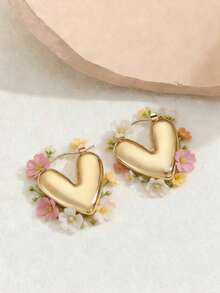 1对3D心形不锈钢优雅设计耳环，婚礼和节日必备 - 金色 - 查看 8