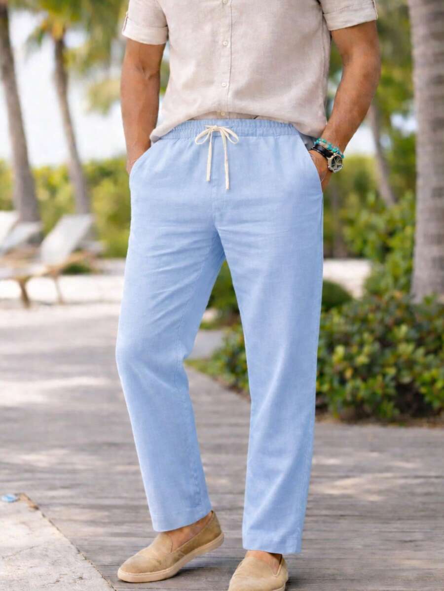 Men's Linen Trousers With Adjustable Waist And Drawstring, Casual And Stylish. - 淺藍色 - 查看 1
