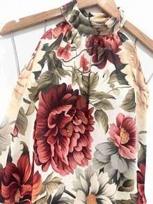 Stylish Women's Floral High Neck Blouse - Red - View 2
