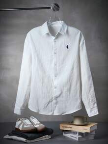 LOOKUN Men's Spring/Summer Shirt, New Cotton Long Sleeve Embroidered Casual Shirt, Navy Blue - White - View 5