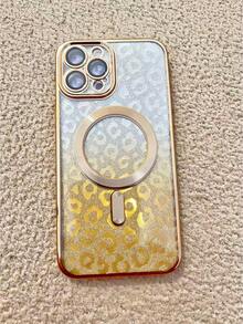 1pc Ombre Leopard Glitter Magnetic Adsorption Electroplated Lens Protective TPU Phone Case Compatible With IPhone 17 - Gold - View 32