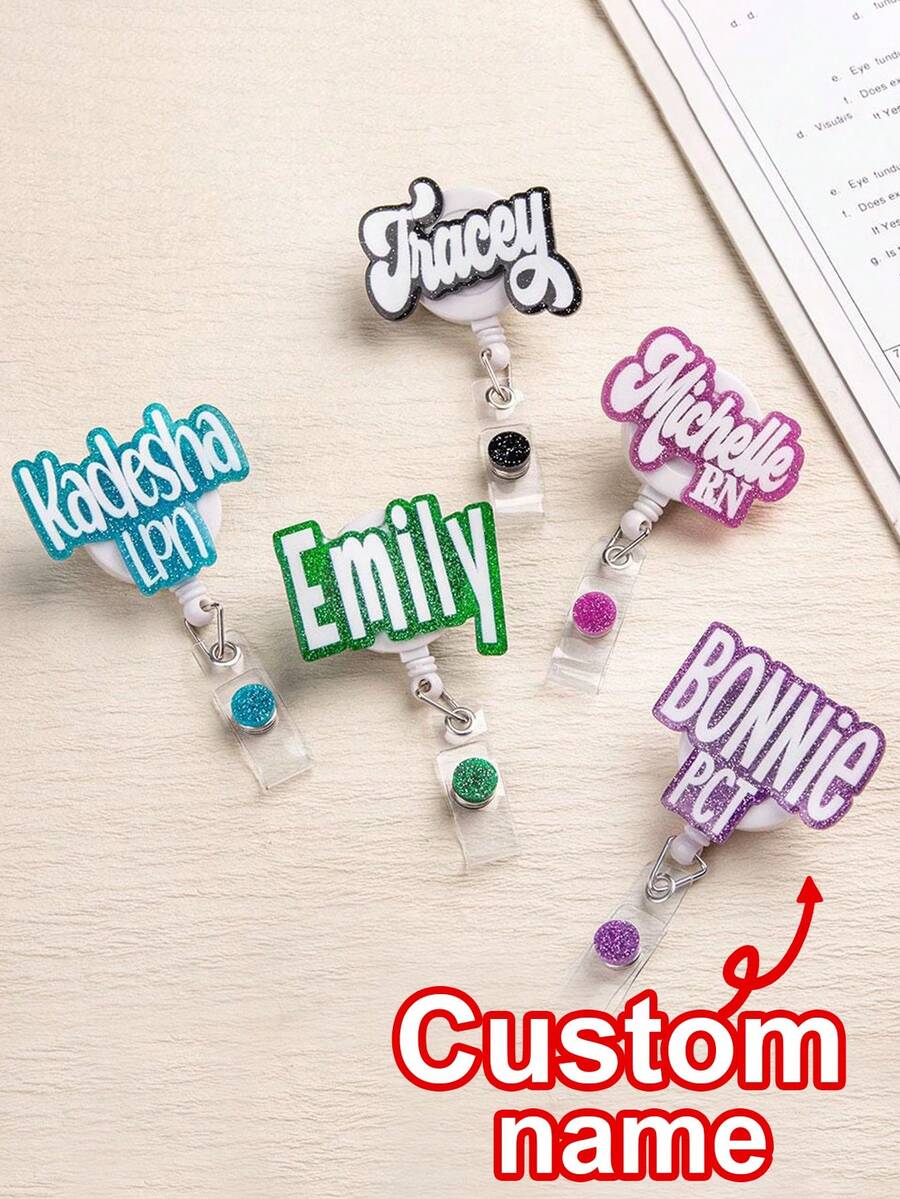 1/3/5pcs Personalized Nurse Badge Reel ,Custom Retro Groovy Name Glitter Tag Holder Acrylic Work ID Key Card Monogram Gift Her New Doctor RN LPN Clip,Cute Retractable Badge Holder Alligator Clip For Nurse Teacher Student Office Staff ID Tag Clip,Delicate Romance,Winter Grace,New Year Glamour - Glitter Letter Badge Scroll - View 1