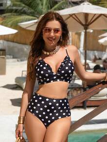 Bộ 2 món bikini đi biển nữ mới, họa tiết chấm bi, viền bèo nhún, kiểu dáng thanh lịch, thích hợp cho mùa hè. - màu đen - Xem 3