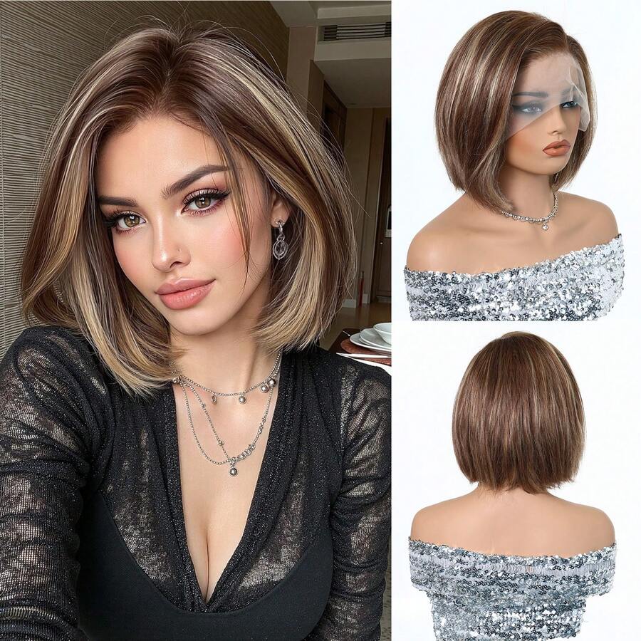 6/613 Highlighted Golden Brown Straight Hair Wig, 13x4 Lace Front Brazilian Hair Wig For Women, 10 Inches, 150% Density