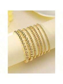 7pcs Gold Bracelets For Women Gold Bracelet Stack Pearl Beaded Bracelets For Women 14K Stretch Bead Ball Bracelet Sets Jewelry For Mother's Day Birthday Gifts - 金子 - 查看 2